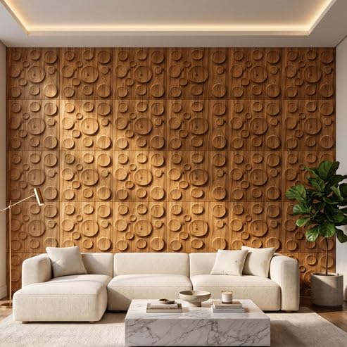 Image of Kayra Decor 3D PVC Wall Panels for Bedroom & Living Room | Moon Design | Beech Wood Color | 19.7 x 19.7 Inch | Pack of 40 | 107.6 Sq Ft