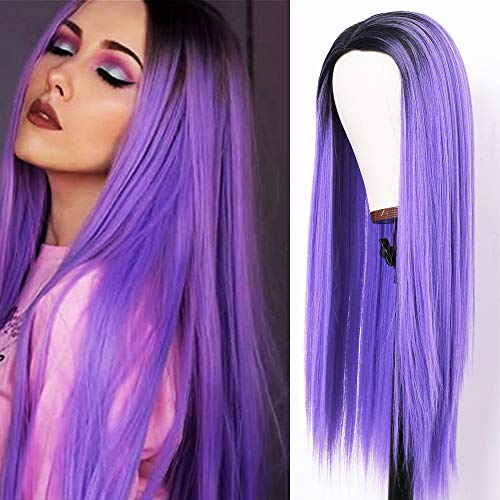 Andrai Hair Purple Straight Hair Wig Dark Root Ombre Purple Glueless Natural Hair Silk Straight Synthetic Heat Resistant Fiber Hair Wig Deep Middle Part Wigs For Women 24 Inch