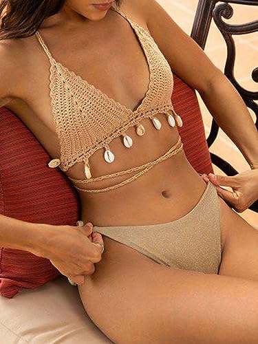 ZAFUL Women Bikini Set Boho Shell Tassel Crochet Tie Swimwear Halter Cheeky Swimsuit Bathing Suit3