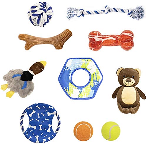 IOEN 10 Pack Durable Dog Chew Toys for Medium Large Dogs/Aggressive Chewers,No Stuffing Squeaky Plush Dog Toy,Dog Power Teething Rubber Bone Toys,Tough Dog Rope Toys(Multi-Colored) (10 Pack)