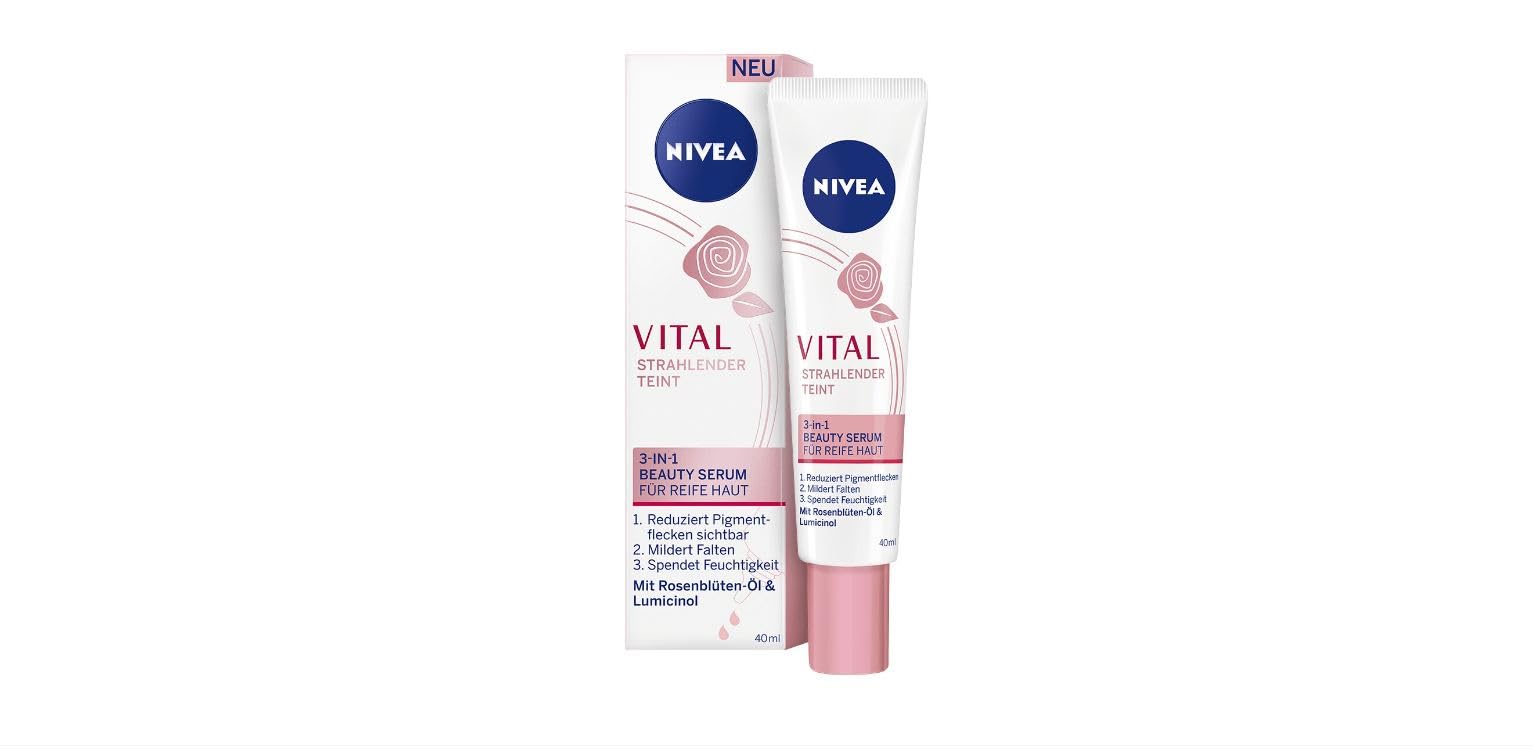 NIVEA Vital 3-in-1 Beautifying Serum for Mature Skin (1 x 40 ml), Face Serum with Rose Petal Oil & Lumicinol, Anti-Ageing and Anti-Wrinkle Face Care