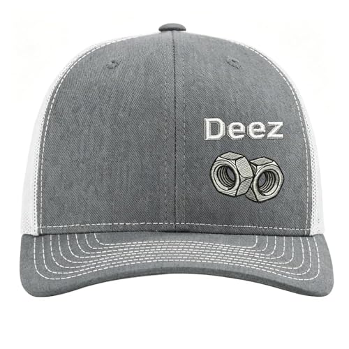 Deez Nuts Embroidered Premium Quality Adjustable Snapback Hat Funny Sarcastic Trucker Mesh Cap Gag Gift for Men (Heather Grey/White)