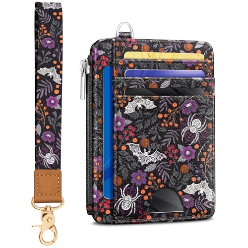 Image of Kelvoris Goth Bat Slim Wallet Women Credit Card Holder, Spider Small RFID | Keychain, Zipper Coin Pocket, Front Pocket Thin Travel Card Case, Minimalist, 6 Card Slots, 1 ID Window, Ladies Gifts Woman