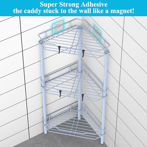 Image of HuggieGems 3 Tier Floor Standing Corner Shower Caddy Organizer Shelf with Hooks, Bathroom Shelves Stand Rack, Blue
