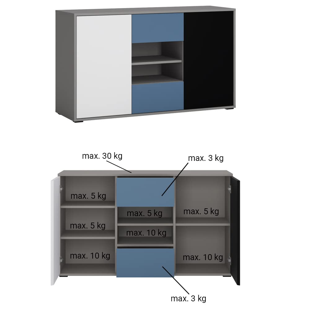 Lomadox Jugendzimmer Set mit Bett, Bettkasten, Kleiderschrank, Schreibtisch, Sideboard in grau mit schwarz, weiß, blau
