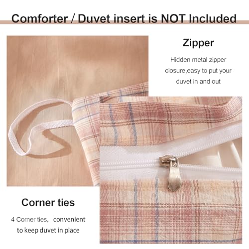Image of EAVD Pink Gingham Duvet Cover Full Soft Washed Cotton Reversible Grid Plaid Bedding Set with 2 Pillowcases Modern Checkered Grid Duvet Cover with Zipper Farmhouse Gingham Bedding Set for All-Season