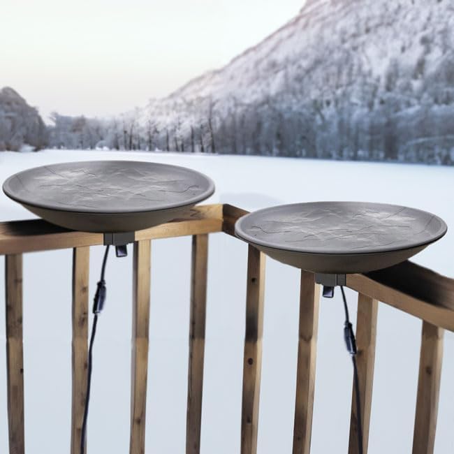 Wild Bird Lover’s Heated Deck Mount Bird Baths, Pack of 2 – 20" Diameter Heated Bird Bath Bowls with 150W Thermostat, 2" Deep Basins, Slate Finish, Perch Rim & Deck Rail Mounting Hardware