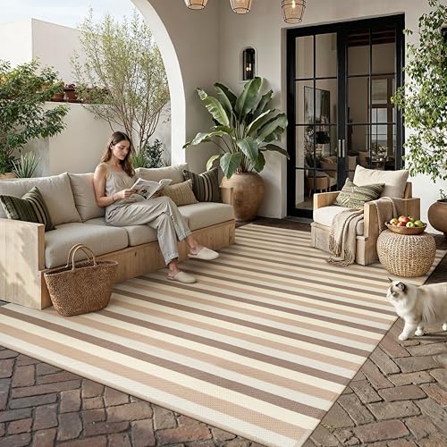 Outdoor Waterproof Patio Rug 8x10 Plastic Straw Reversible Outside Brown/Beige Striped Carpet Lightweight Large Rug for Camping RV Porch Deck Balcony