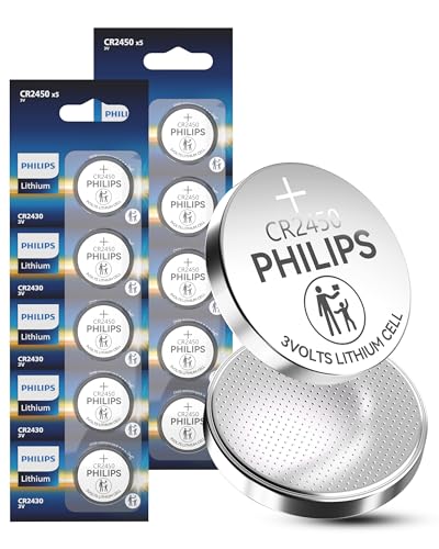 Philips CR2450 3V Lithium Button Cell Battery, 10 Pack, 10 Year Shelf Life, Leak Proof, Child Resistant Packaging Works with Key Fob, Smart Lock & Home Devices