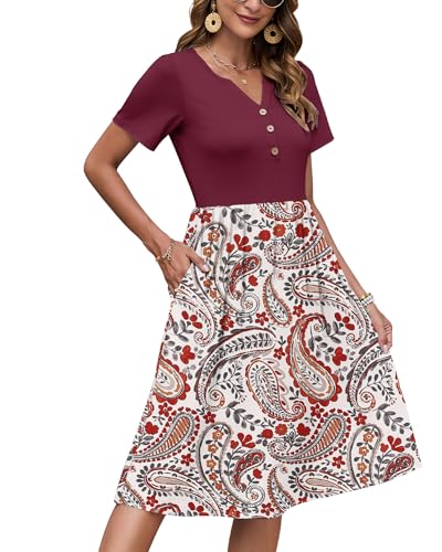 AUSELILY Letnia sukienka damska z krótkim rękawem i guzikami, lekka sukienka do kolan, dekolt w serek, styl empire, z kieszeniami, Nadruk Paisley Bordeaux, XXL