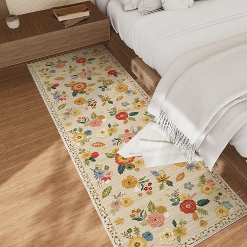 Machine Washable Runner Rug for Hallway: 2'6"x8' Kitchen Runners Rug with Rubber Backing Non Slip Stain Resistant Floral Floor Rug Soft Carpet Runners for Indoor Entryway Bedroom Bedside Living Room