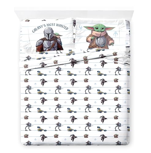 Jay Franco Kids Sheet Set with Fitted Flat Sheets & Pillow Cover - Ultra-Soft Bedding with Pillowcase for Room Decor White - Star Wars Mandalorian 4 Piece Queen
