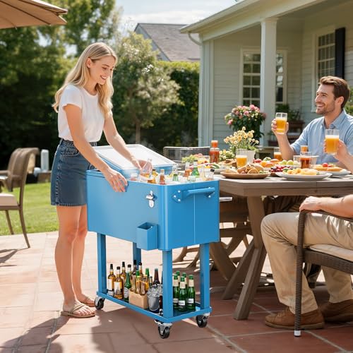 Image of YITAHOME 80 Quart Rolling Cooler Cart with Bottle Opener Drainage, Portable Wicker Patio Cooler Rolling on Wheels, Outdoor Beverage Cart Rolling Drink Cooler for Patio Pool Deck Party Cookouts