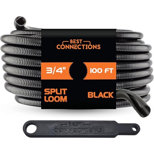 BEST CONNECTIONS 3/4 x 100 ft Split Wire Loom Flex-Guard Convoluted Tubing with Installation Tool - Protective Cable Sleeves for Automotive Home Electrical Wires Chemical Resistant Conduit Black