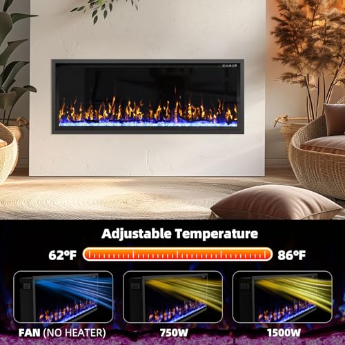 Image of Kucreiheat Electric Fireplace-50'' Luxury Fireplace Wall Mounted & Recessed, Ultra-Slim with Log & Crystal, Remote Control, Thermostat, Timer, 750W /1500W Heater