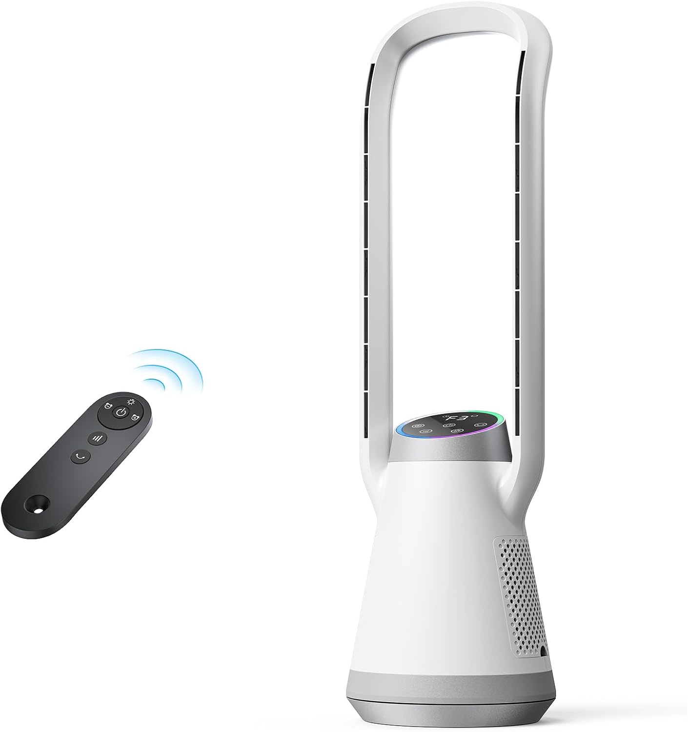 Bladeless Tower Fan For Bedroom, Portable Standing Fan With Remote, Dual Air Outlets For Wider Oscillation, 5 Light Modes,12H Timer & 3 Speeds, Ultra-Quiet DC Motor For HomeOffice Use, White