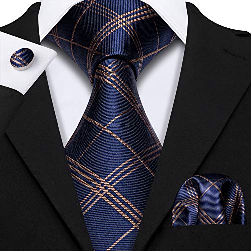 Image of YOHOWA Men Plaid /Striped Ties Set Silk Business Wedding Formal Fashion Necktie and Pocket Square Cufflinks Set