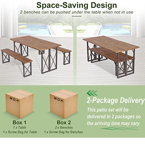 Tangkula 3 Piece Picnic Table Bench Set, Outdoor Acacia Wood Picnic Table With 2 Benches, 2-Inch Umbrella Hole, Heavy-Duty Metal Frame, Space-Saving Outside Table And Bench Set For Backyard, Patio #TOP6
