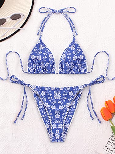Image of Bikinis Swimsuit Set for Women Swimwear Triangle Bathing Suit Tie String Thong Blue Floral