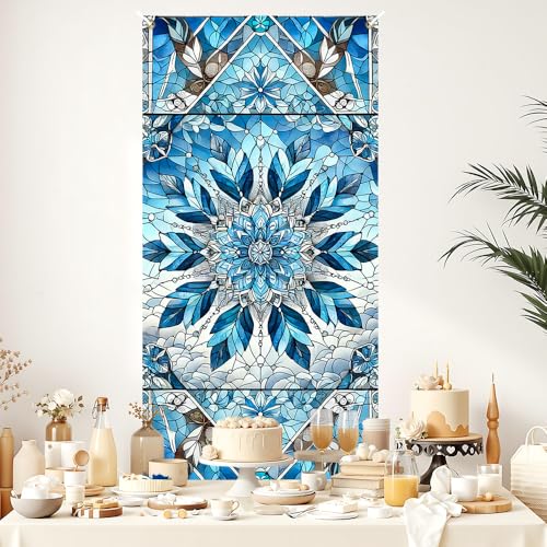 Image of Blue Mandala Stained Glass Door Cover 35x71in Crystal