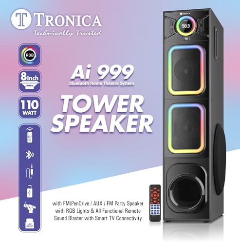 Image of TRONICA AI999 Carol Bluetooth Home Theater System, 110W Tower Speaker with FM /PenDrive /AUX /FM | RGB Lights & All Functional Remote Sound Blaster with smart TV connectivity