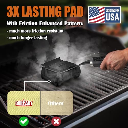 Image of GRILLART SteamWizards Grill Brush Bristle Free Outdoor 17 inch No-Wire Cleaning | Safe Reinforced Long Handle, Angled Scraper Reach Corners, Steam Replaceable Pad for Porcelain & All Grate, Gifts for Men /Dad