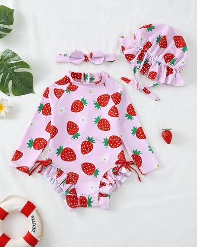 Image of Renotemy Baby Girls Swimsuit Drawstring Zip Bathing Suit Long Sleeve One-Piece Rash Guard Swimwear with Hat for Infant Girl