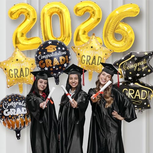 9 Pcs Black Gold 2026 Graduation Foil Balloons by PartyGarden - Used condition - Image 5