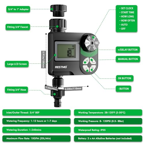 RESTMO Timer per irrigazione con ritardo della pioggia/sistema di irrigazione manuale/automatico per rubinetto esterno, irrigatore da giardino, cortile e prato