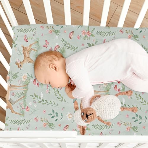 Image of Burbuja Fitted Crib Sheet for Girls and Boys, Woodland Fawn Soft Breathable Crib Sheet for Standard Crib and Toddler Bed Mattresses, 27 x 39 in