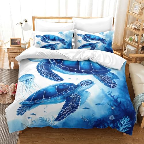 Housse de couette tortue marine 3D parure de lit ocean fermeture eclair - 3
