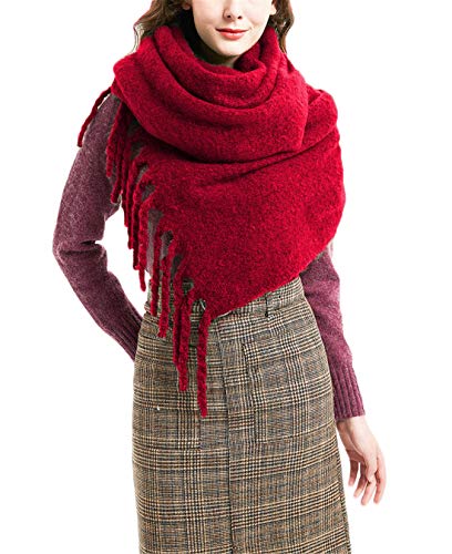 ASKSA Damen Schal Warm Pashminas Herbst Wintertagen Thicken Warm Quaste Winterschal Weiche übergroßer Schultertuch XL Schals Stola für Frauen (Weinrot)