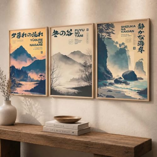 Image of kotart Japanese City View Art Posters with Frame | Aesthetic Japanese Art Framed Poster for Bedroom Living Room Gaming Room Wall Decor Set Of 3 (10X13 inch)