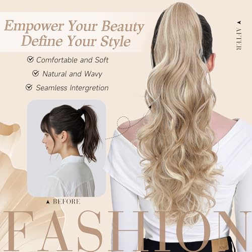 Image of 24 inch Ponytail Extension, Long Curly Wavy Claw Clip and Natural-Looking Synthetic Hairpiece, Voluminous Pony TailHair Extensions for Women Daily Wear. (Medium Blonde With Beige Highlight, 24Inch)