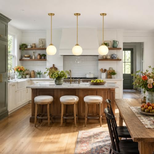 Image of 2 Pack Gold Globe Pendant Lights, Mid Century Gold Pendant Light Fixtures, Globe Pendant Lights Kitchen Island with Milk Glass Shade Adjustable Hanging Fixture for Dining Room (Bulbs not Included)