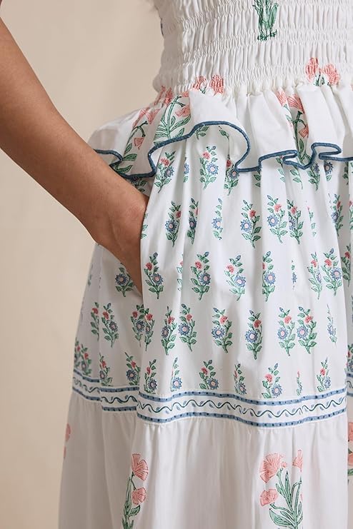 Women Floral Maxi Dress Sleeveless Smocked Ruffle Flowy Boho Sundress with Pockets Summer Vacation - Image 6