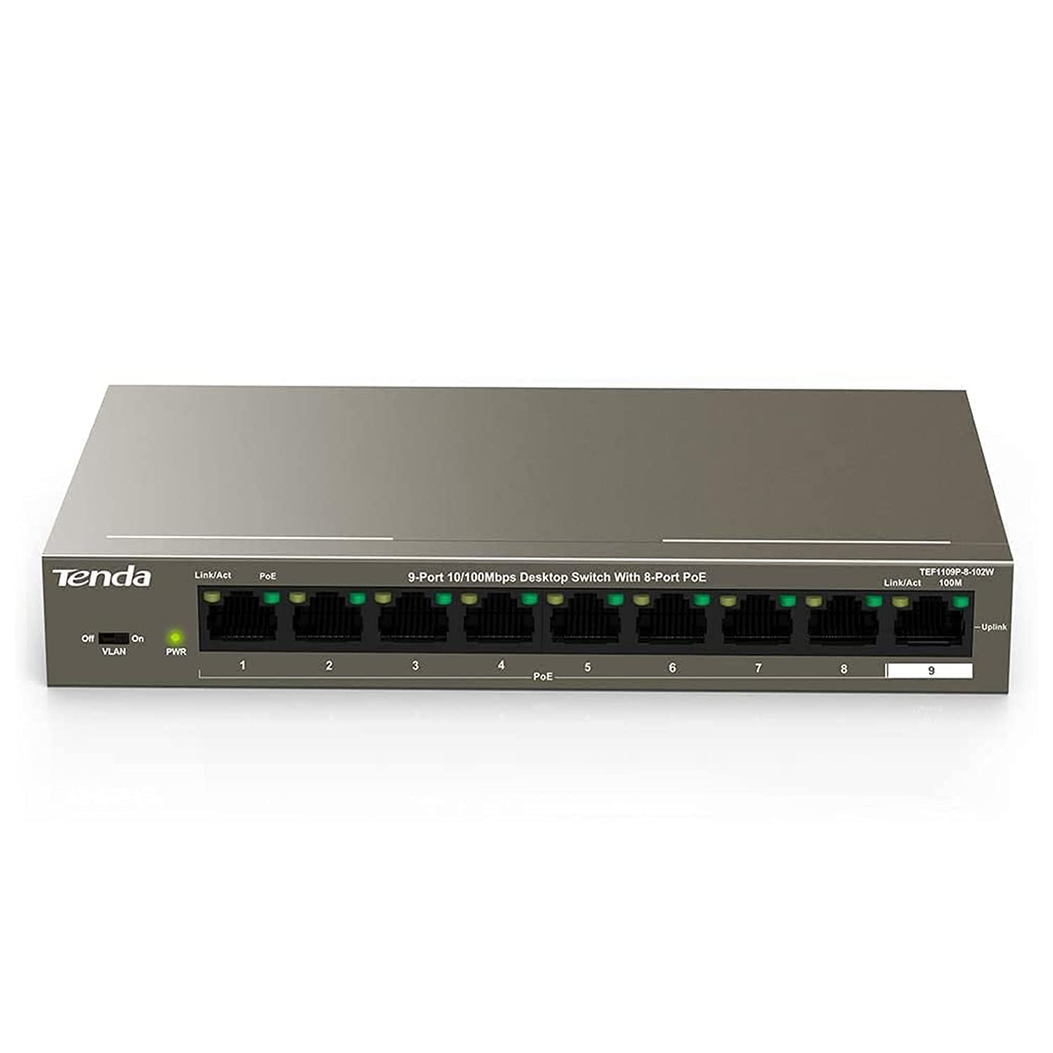 Tenda TEF1109P-8-102W Switch di rete Ethernet a 9 porte 100 Mbps con 8 porte PoE 102 W, porta VLAN, protezione da fulmini da 6 kV, splitter Ethernet funziona con IEEE 802.3af/at, distanza di
