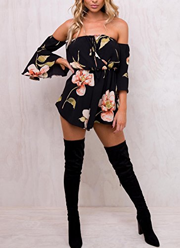 Relipop Women's Summer Floral Off Shoulder 3 4 Sleeves Romper Jumpsuit (Small, Black) #TOP3