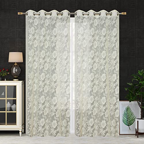 Image of Net Transparent Window Curtain Drapes 5Ft Set of 4 | Sheer Curtain Drapes for Living Room Bedroom Kitchen Balcony | Tissue Light Filtering Panels for Home Office, 4x5 Feet, Offwhite Floral