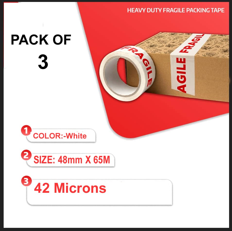 Image of D-fix Bopp Fragile Branded Printed Packaging Tape 65 Meters in Length 48mm / 02 inch Width - 3 Roll Per Pack Suitable for E-commerce Packaging Material for Small Business