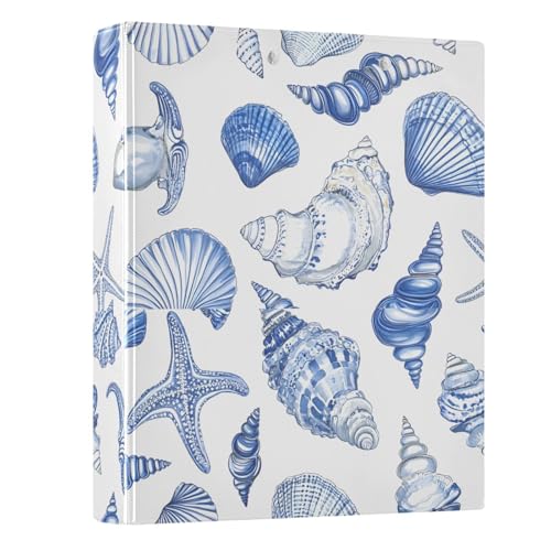 Image of 3 Ring Binder Blue Seashells Ocean Nautical Coastal 1.5 inch Binders Three Ring Binders with Clipboard Fit 8.5'' x 11'' Paper 3 Interior PVC Clear Pockets for Office Supplies