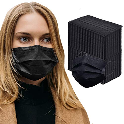 HB Kang 100pk Disposable Face Mask Adult Protective 3 Layer Ear Loop Mouth Cover, Black