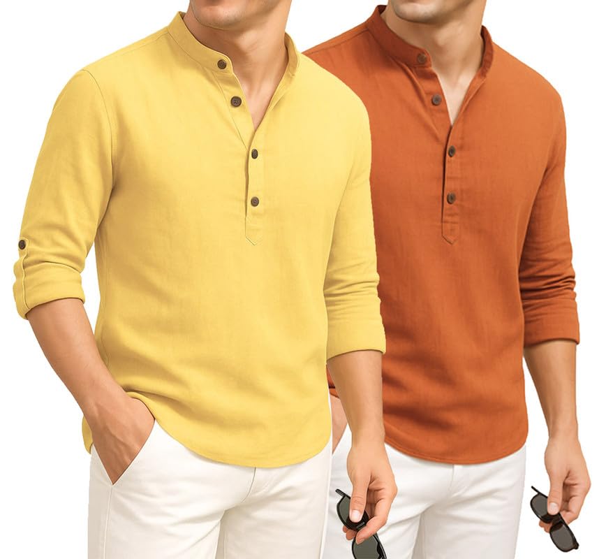 Image of DEELMO Combo of Men's Cotton Blend Solid Regular Fit Full Sleeve Short Kurta | Men's Trendy Short Kurta Pack of 2