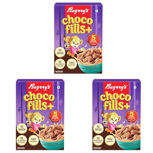 Image of Bagrrys Choco Fills Plus | 5 Grain Goodness | Ragi Advantage | Source of Fibre | Kids Cereal | Choco Fills, 250 g Box (Pack of 3)