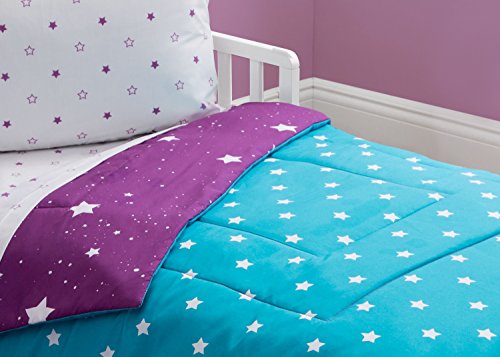 Delta Children 4 Piece Toddler Bedding Set For Girls - Reversible 2-In-1 Comforter - Includes Fitted Comforter To Keep Little Ones Snug, Bottom Sheet, Top Sheet, Pillow Case - Purple Stars Night #TOP5