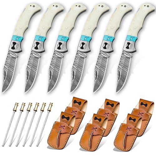 Set of 6 - Personalized Damascus Pocket Knife for Groomsmen