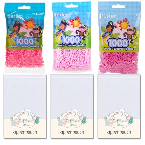Perler Beads Fuse Beads - 3 Shades of Pink (Cotton Candy, Light Pink, Pink) Bundle with MCB Secure Storage Pocket -Bundle of 6 Items