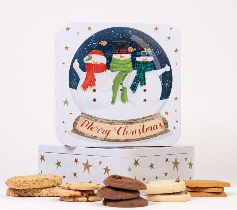 Farmhouse Luxury Finest | Merry Christmas | Snowman Biscuits Snowglobe Traditional Embossed TIN 400G Perfect Christmas Gifting for Mothers day Fathers Day Anniversary All Occassions (1 Tin)