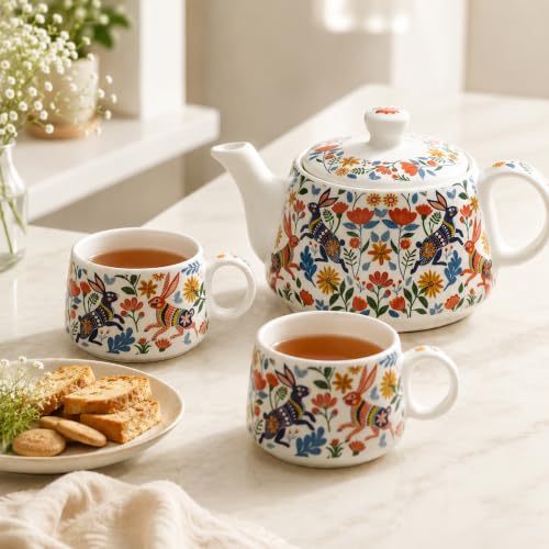 Image of The Earth Store Premium Handcrafted Bunny Floret Ceramic Tea Set with Kettle Microwave and Dishwasher Safe 6 Tea Cups & 1 Kettle | Tea Pot Set | Morning Set