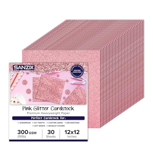 SANZIX Papel de cartulina rosa con purpurina, 30 hojas, 1 color, 110 libras. 300 g/m², cartulina de papel brillante de 12 x 12 pulgadas para Cricut, álbumes de recortes, manualidades, decoración,